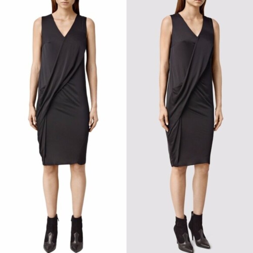 NWT All Saints Annis‎ Dress Size 4 Black LBD Draped Front Sleeveless V-neck